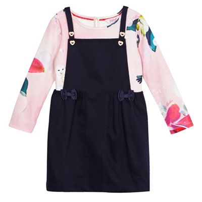 Baker by Ted Baker Girls' navy pinafore and pink bird print top set